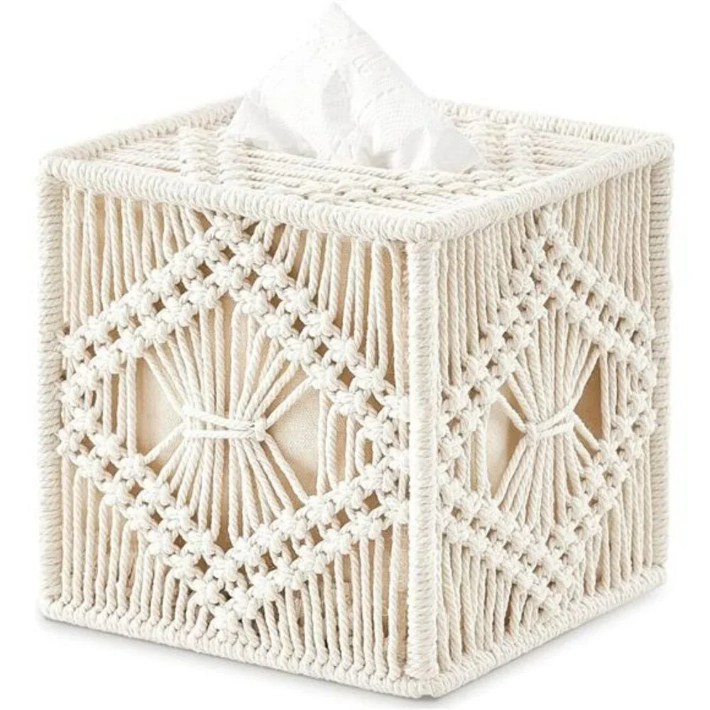 Macrame tissue box cover square woven boho tissue holder bathroom bedroom decor